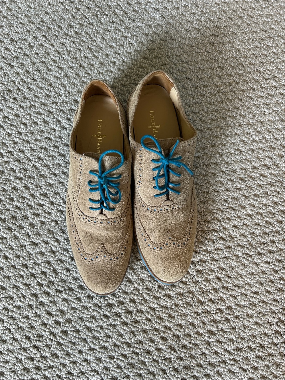 Cole Haan Tan Suede Wingtip Derby with Blue Laces